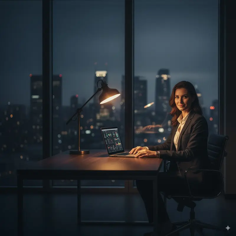 Professional business person in modern office setting, confident posture, wearing smart dark business suit, sitting at clean desk with laptop, evening lighting with warm desk lamp, city lights through windows in background, slight smile showing confidence, moody professional photography, dark ambient lighting, corporate lifestyle, high resolution, suitable for dark hero section with white text overlay